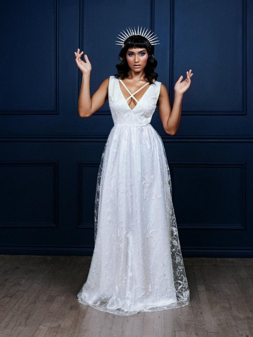 NEW Katacomb Celestial Dress V-Neck White Lace A Gown with Crisscross Straps